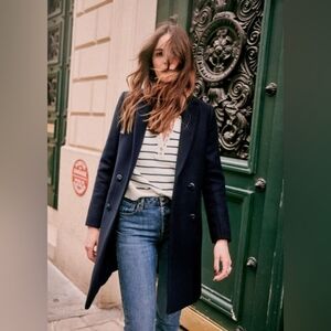 NWT Sezane Johnson Navy Wool Mid Lenght Straight Coat Size 2 US/34 Euro